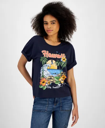 Rebellious One Juniors' Hawaii Tropical Graphic T-shirt In Navy Blazer