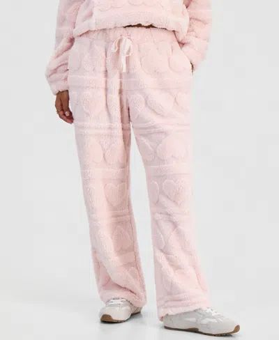 Rebellious One Juniors' Heart-embossed Sherpa Wide-leg Pants In Ballet Slipper