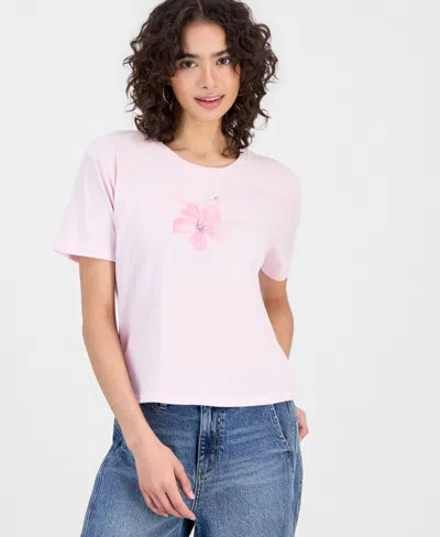 Rebellious One Juniors' Hibiscus Embellished Graphic-print Tee In Pink