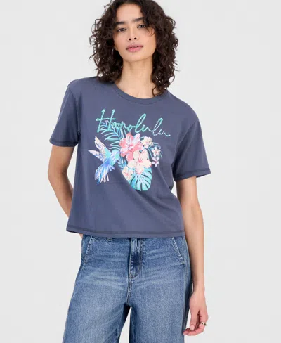 Rebellious One Juniors' Honolulu Rhinestone Graphic-print Tee In Blue
