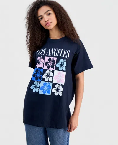 Rebellious One Juniors' La Hibiscus Cotton Boyfriend T-shirt In Blue