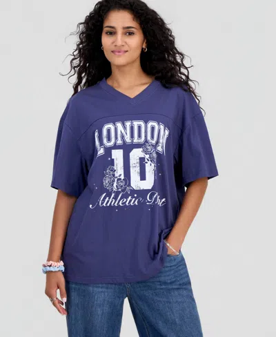 Rebellious One Juniors' London Varsity Graphic T-shirt In Crown Blue
