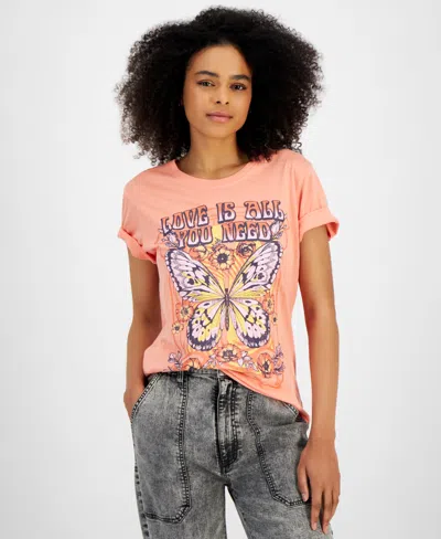Rebellious One Juniors' Love Is All You Need Graphic T-shirt In Calypso Coral