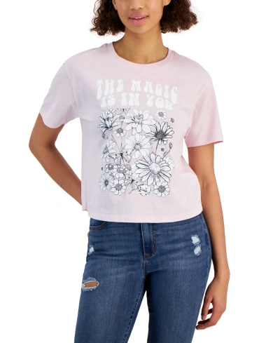 Rebellious One Juniors' Magic Floral Graphic Crewneck Tee In Lilac Snow