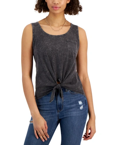 Rebellious One Juniors' Mineral-wash Tie-front Tank Top In Black Min Wash