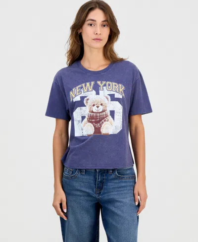 Rebellious One Juniors' New York Bear Graphic T-shirt In Blue