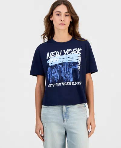 Rebellious One Juniors' New York Skyline Graphic Crop Tee In Navy Blazer
