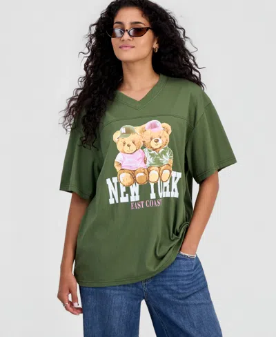 Rebellious One Juniors' New York Teddy Graphic T-shirt In Olivine