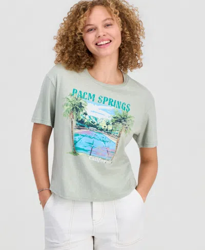 Rebellious One Juniors' Palm Springs Mineral Wash Graphic T-shirt In Green