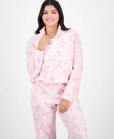 Rebellious One Juniors' Paris Bow-print Quarter-zip Fleece Top In Animal Print