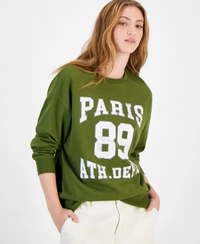 Rebellious One Juniors' Paris Graphic Long-sleeve Sweatshirt In Olive