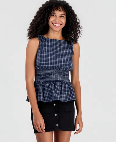 Rebellious One Juniors' Plaid Smocked-back Tank In Blue