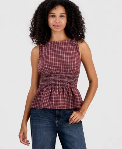Rebellious One Juniors' Plaid Smocked-back Tank In Brown