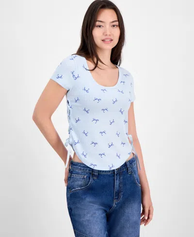 Rebellious One Juniors' Printed Ribbon-side Short-sleeve Tee In Blue