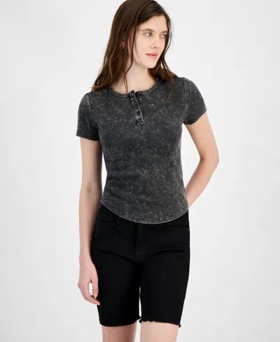 Rebellious One Juniors' Ribbed Washed Henley Tee In Black