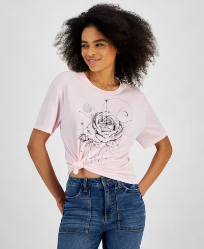 Rebellious One Juniors' Rose Graphic Crewneck T-shirt In Cloud Pink