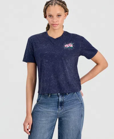 Rebellious One Juniors' Rose Graphic Mineral Wash T-shirt In Blue