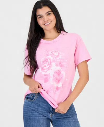 Rebellious One Trendy Plus Cotton Hibiscus Mineral-wash Tee In Pink