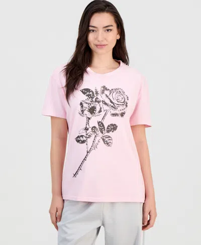 Rebellious One Juniors' Rose Mineral-wash Rhinestone Short-sleeve T-shirt In Ballet Slipper
