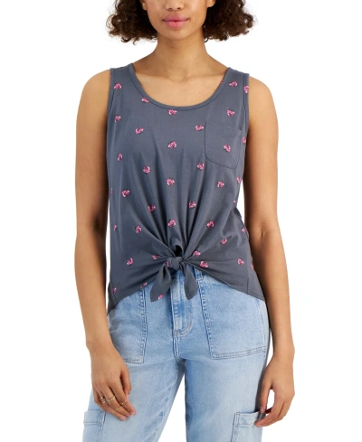 Rebellious One Juniors' Roses Tie-front Tank Top In Turbulence