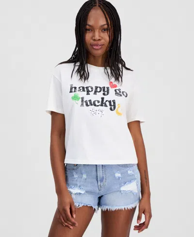 Rebellious One Juniors' Short-sleeve Cropped Happy Go Lucky Graphic T-shirt In White