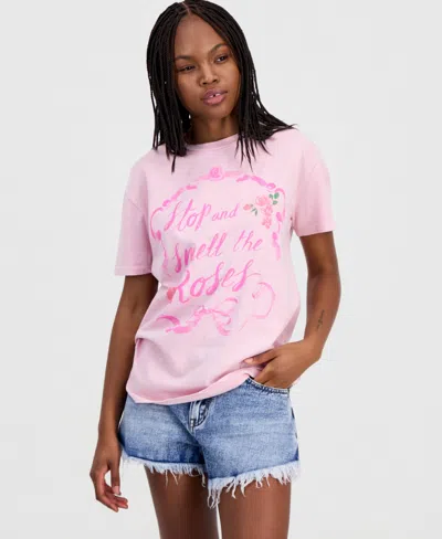 Rebellious One Juniors' Smell The Roses Mineral Wash T-shirt In Pink
