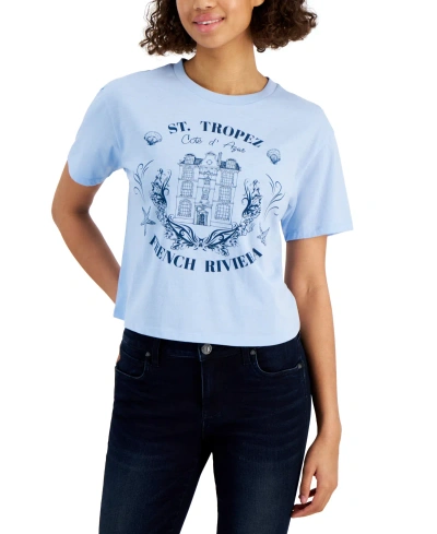 Rebellious One Juniors' St Tropez Graphic Crewneck Tee In Chambray Blue