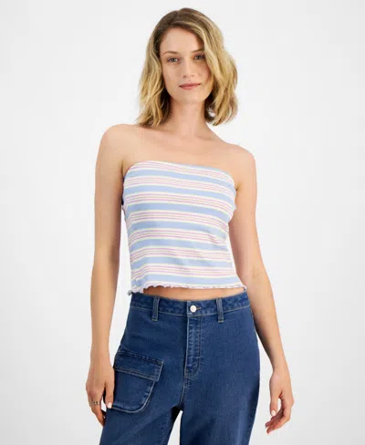 Rebellious One Juniors' Striped Lettuce Edge Tube Top In Warm Sand,party Purple