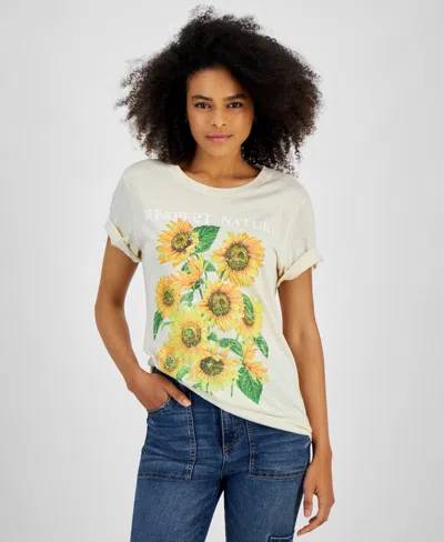 Rebellious One Juniors' Sunflower Graphic Crewneck T-shirt In White