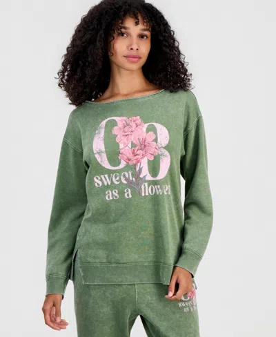 Rebellious One Juniors' Sweet Flowers Boat-neck Fleece Sweatshirt In Green