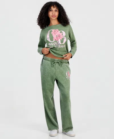 Rebellious One Juniors' Sweet Flowers Fleece Sweatpants In Green