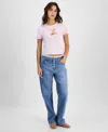 Rebellious One Juniors' Teddy Bear Bow Mineral Wash Graphic T-shirt In Pink Mineral Wash
