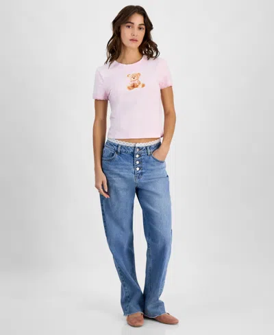 Rebellious One Juniors' Teddy Bear Bow Mineral Wash Graphic T-shirt In Pink Mineral Wash