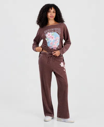 Rebellious One Juniors' Tokyo Flower Fleece Sweatpants In Brown