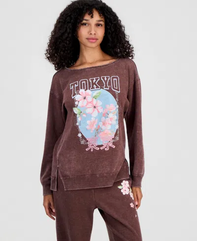 Rebellious One Juniors' Tokyo Flower Mineral-wash Boat-neck Fleece Sweatshirt In Brown