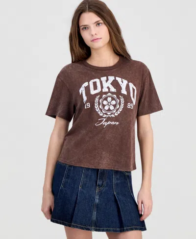 Rebellious One Juniors' Tokyo Graphic Mineral-wash Crop Tee In Brown