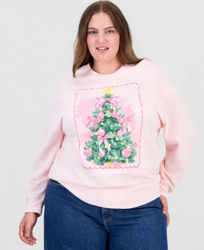Rebellious One Plus Size Holiday Fleece Pullover Christmas Tree Graphic With Pink Bows Sweatshirt In Ballet Slipper