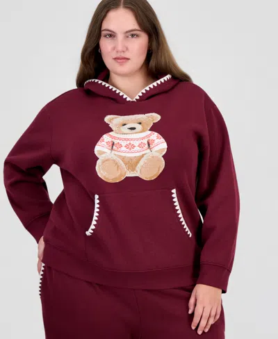 Rebellious One Plus Size Teddy Bear Graphic Fleece Pullover Hoodie In Windsor Wine