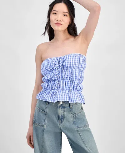 Rebellious One Top Women's Baby Blue Gingham Shirred Detail Strapless Pall308
