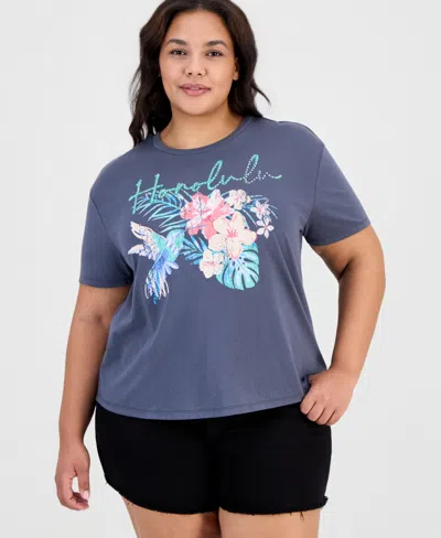 Rebellious One Trendy Plus Honolulu Rhinestone Printed-graphic Tee In Blue
