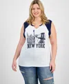 Rebellious One Trendy Plus Size Cotton New York Graphic Top In Blue