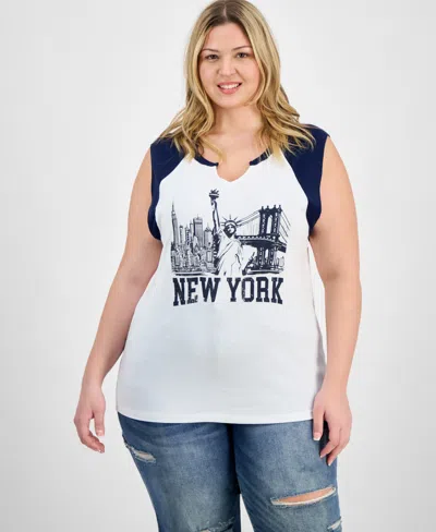 Rebellious One Trendy Plus Size Cotton New York Graphic Top In Blue