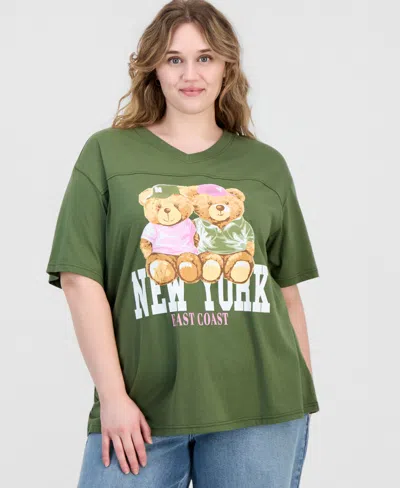 Rebellious One Trendy Plus Size New York Bear Graphic Varsity Boyfriend T-shirt In Green