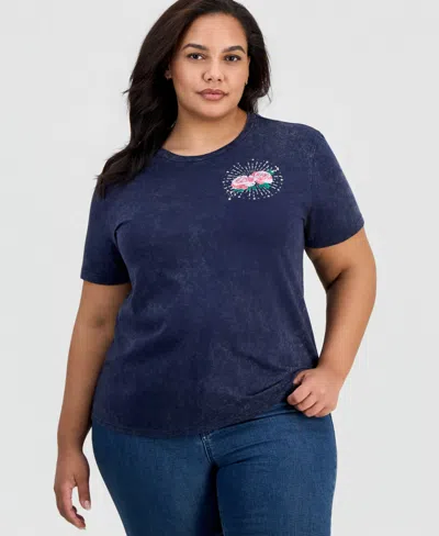 Rebellious One Trendy Plus Size Rose Graphic-print Short-sleeve T-shirt In Blue