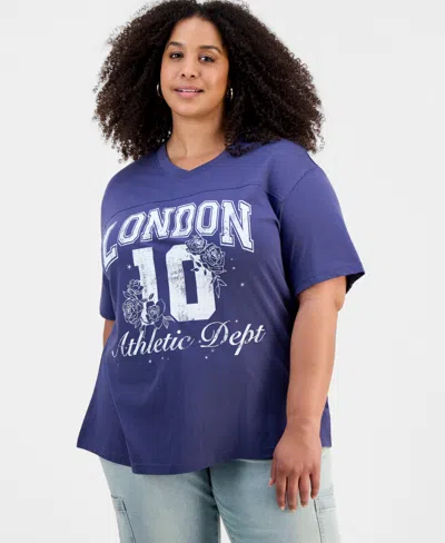Rebellious One Trendy Plus Size Short-sleeve London 10 Graphic Varsity Boyfriend Tee In Blue