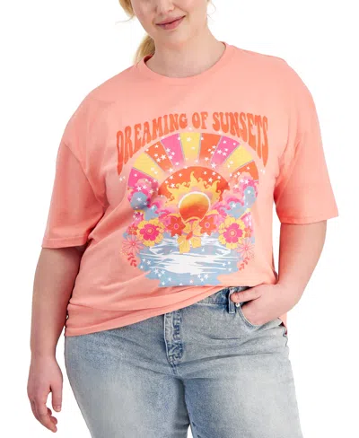 Rebellious One Trendy Plus Size Sunset Dreams Graphic Boyfriend T-shirt In Calypso Coral