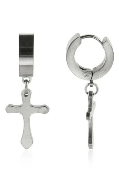 Rebl Cross Drop Huggie Hoop Earrings In Silver