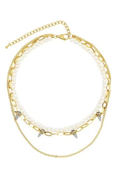 Rebl Gender Inclusive Ash Faux Pearl & Spike Layered Necklace In Gold
