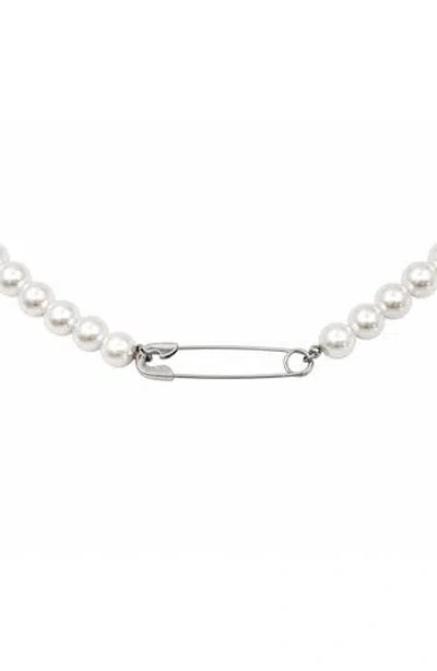 Rebl Safety Pin Pendant Faux Pearl Necklace In White