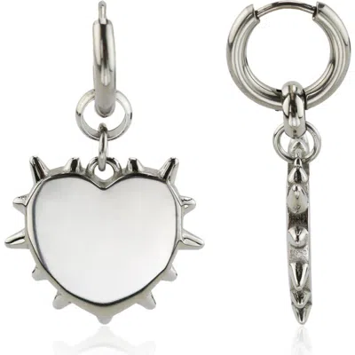 Rebl Spiked Heart Drop Huggie Hoop Earrings In Silver